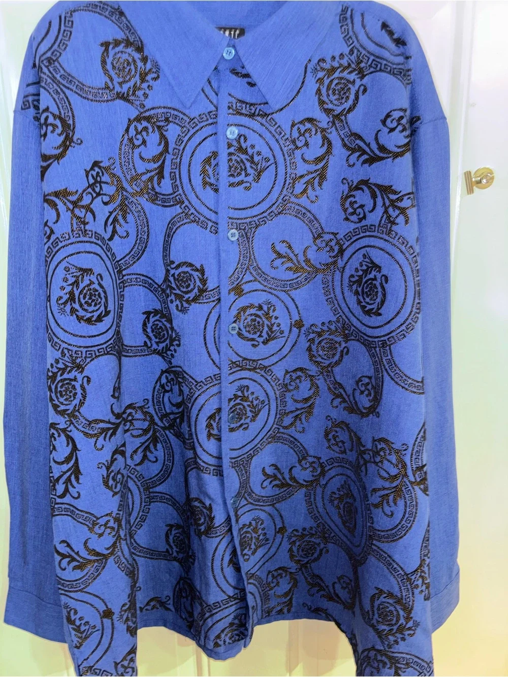 Men's Blue Long-Sleeve Button-Up Shirt with Black Medallion Print